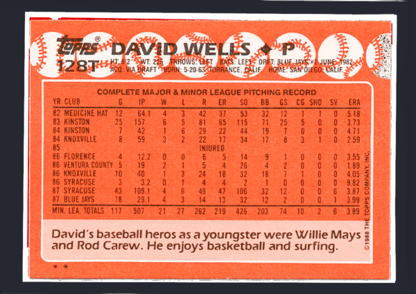 1988 Topps Traded #128T David Wells Rookie Card (RC) - Toronto Blue Jays - Image 2