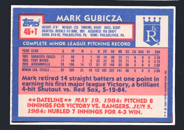 Vintage 1984 Topps Traded #45T- Mark Gubicza RC- Pitcher, Kansas City Royals - Image 2