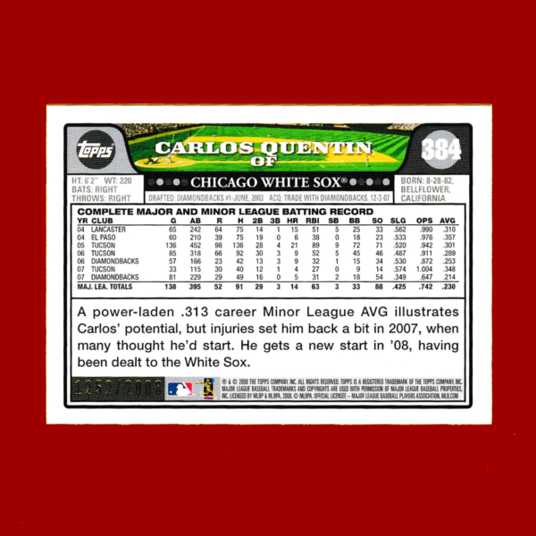 2008 Topps #384 Carlos Quetin - Gold Parallel (#1252/2008) - Chicago White Sox - Image 2