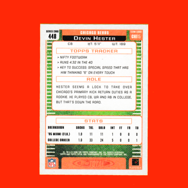 2006 Topps 448 Devin Hester - Rookie Card (RC) - Chicago Bears - Image 2