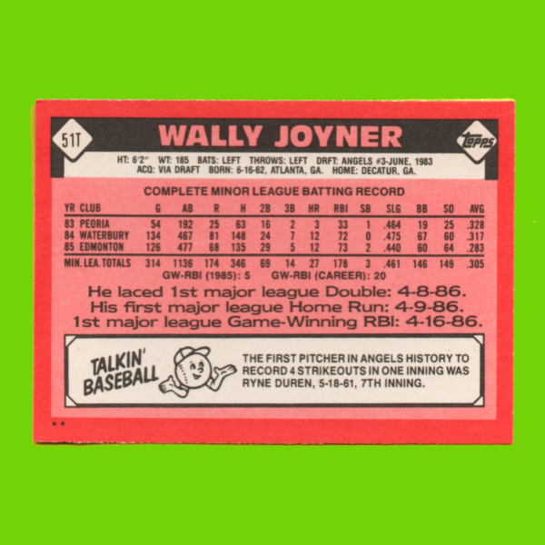 Vintage 1986 Topps Traded #51T- Wally Joyner Rookie Card (RC)- California Angels - Image 2