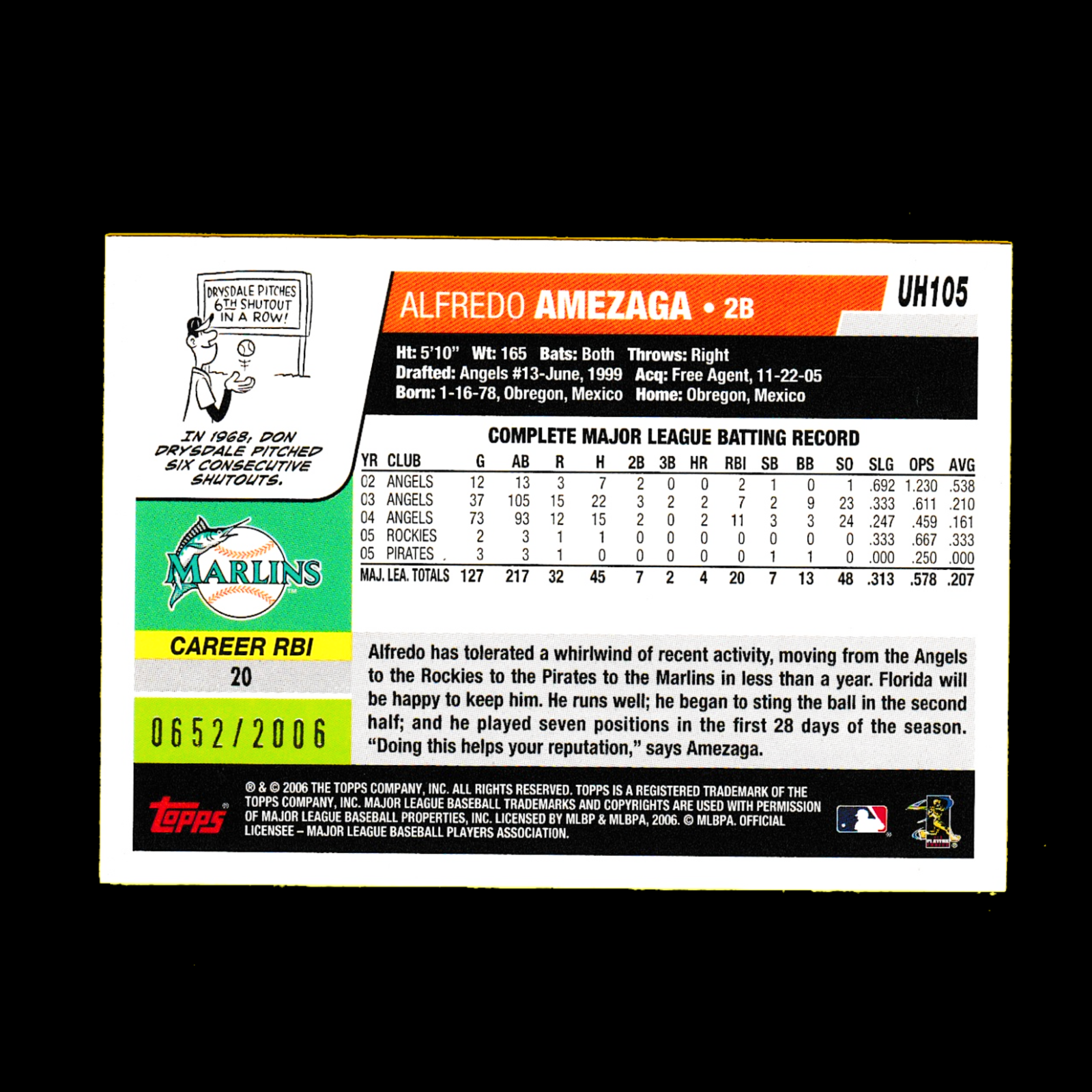 2006 Topps Update UH105 Alfredo Amezaga - Gold Parallel (#652/2006) - Marlins - Image 2