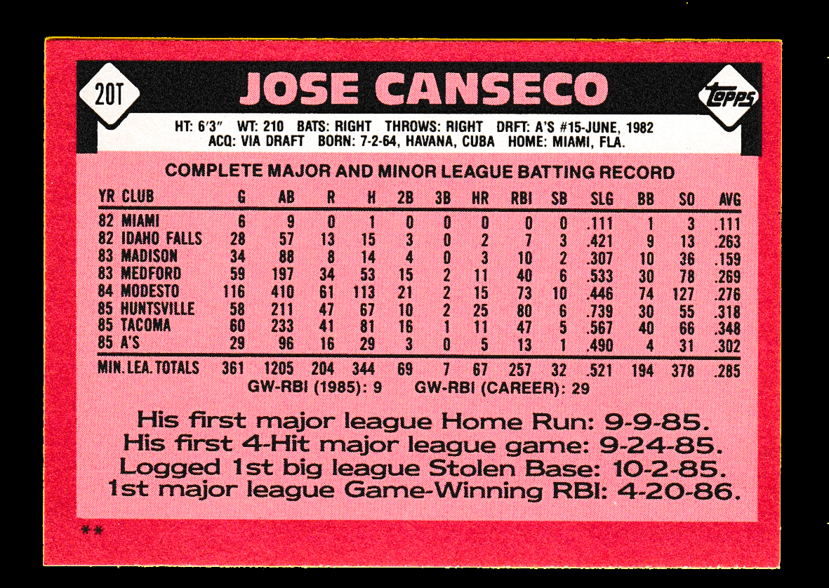 1986 Topps Traded - Jose Canseco 20T Rookie Card - PSA 8 NM-MT Athletics - Image 4