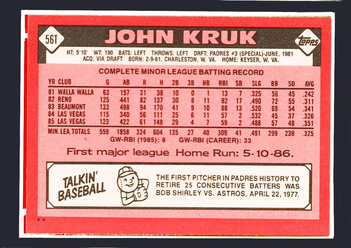 1986 Topps Traded #56T John Kruk Rookie Card (RC) - San Diego Padres - Image 2