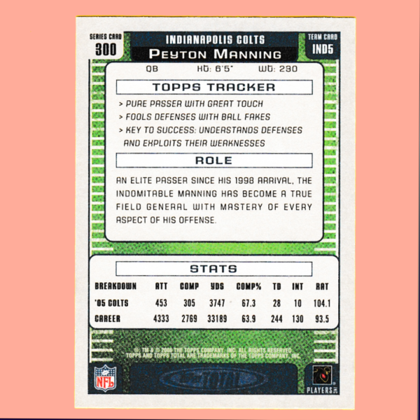 2006 Topps Total 300 Peyton Manning - Indianapolis Colts - Image 2