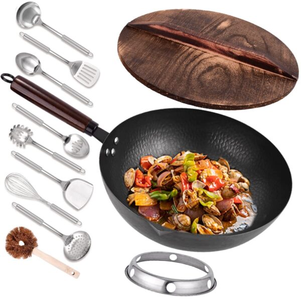 Pre-Seasoned 12.8" Wok Pan with Lid – Induction, Gas & Electric Compatible
