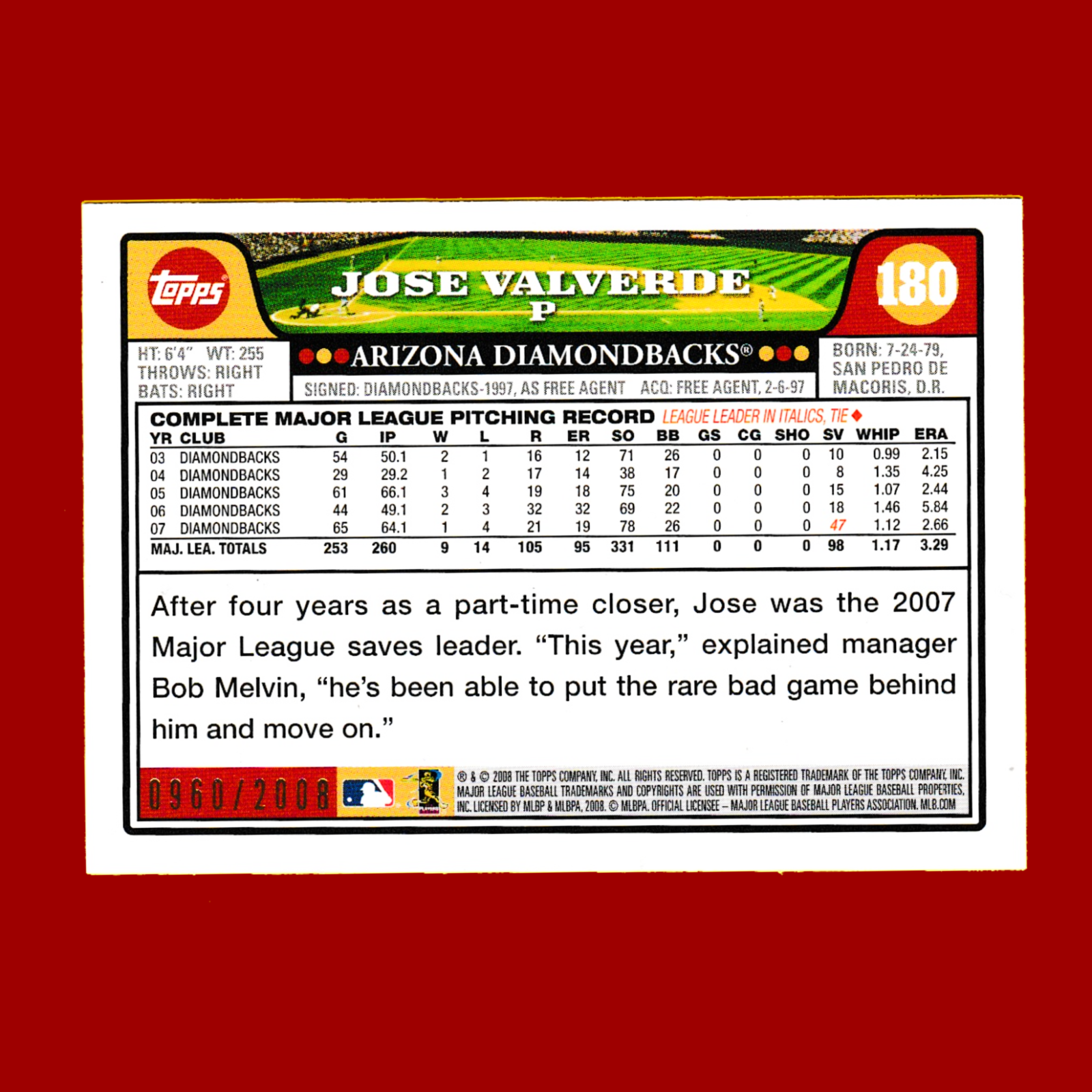 2008 Topps Update #180 Jose Valverde - Gold Parallel (#960/2008) - D'Backs - Image 2