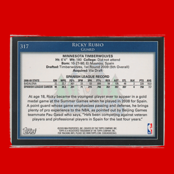 2009-10 Topps - #317 Ricky Rubio Rookie - Timberwolves - Image 2