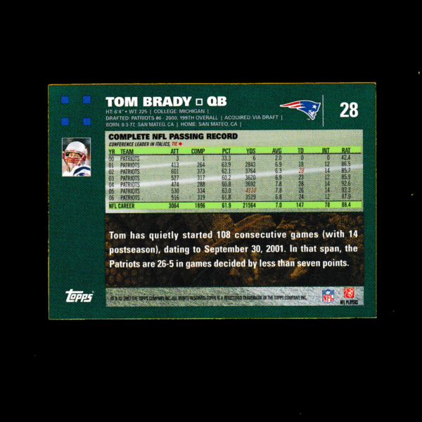 2006 Topps 28 Tom Brady - New England Patriots - Image 2