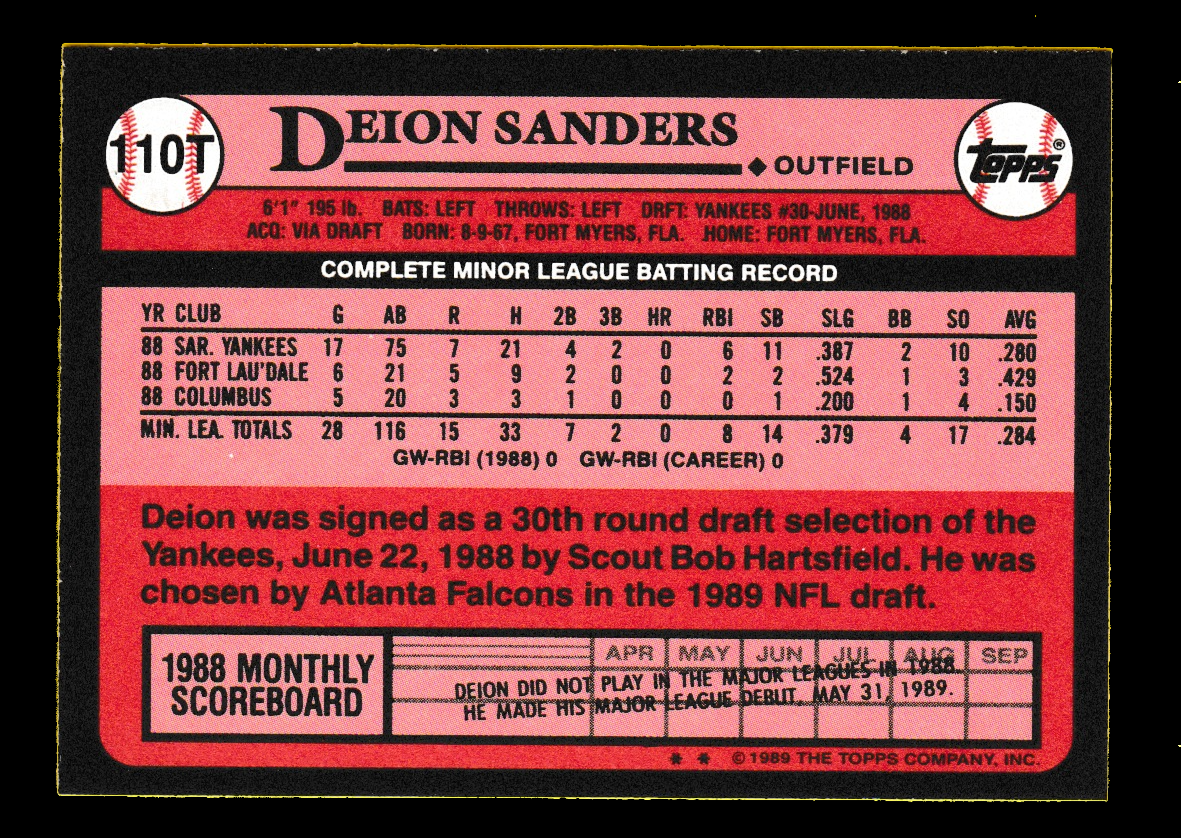 1989 Topps - Deion Sanders (#110T) Rookie Card - PSA 9 MINT - New York Yankees - Image 4