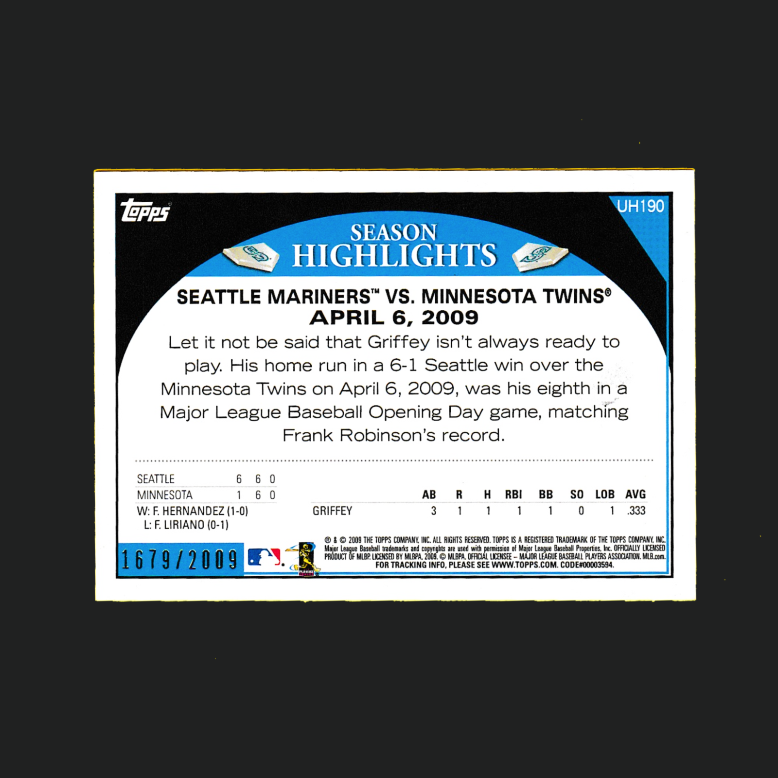 2009 Topps #UH190 Ken Griffey Jr - Gold Parallel (#1679/2009) - Mariners - Image 2