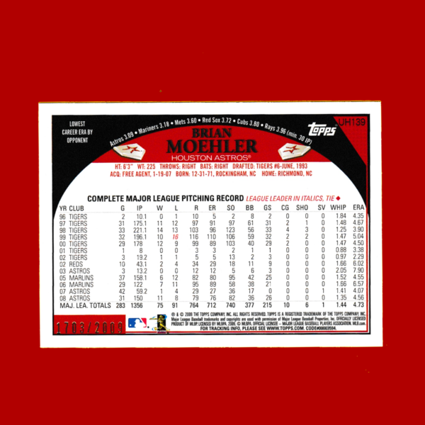 2009 Topps UH139 Brian Moeller - Gold Parallel (#1703/2009) - Houston Astros - Image 2