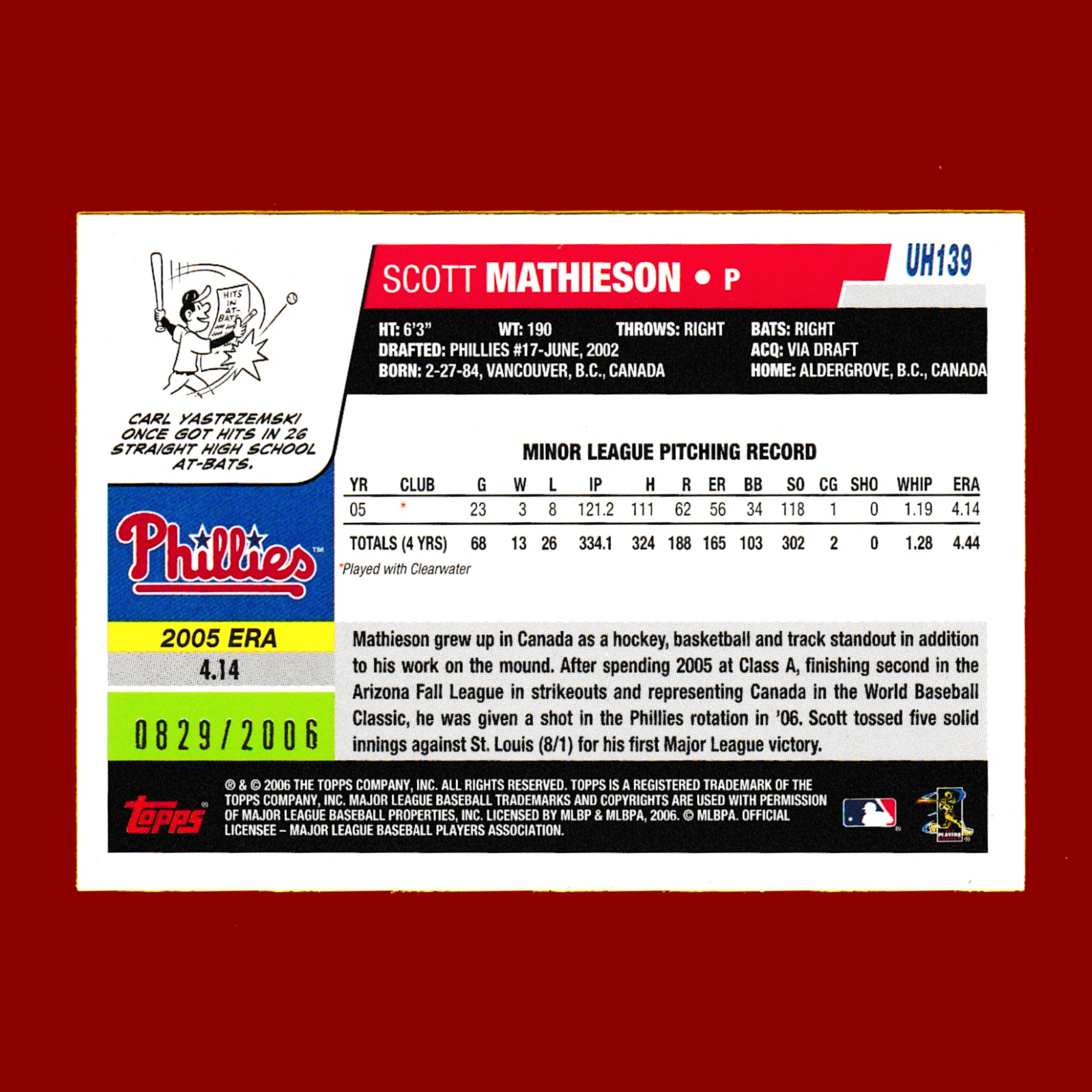 2006 Topps Update #UH139 Scott Mathieson - Gold Parallel (#829/2006) - Phillies - Image 2