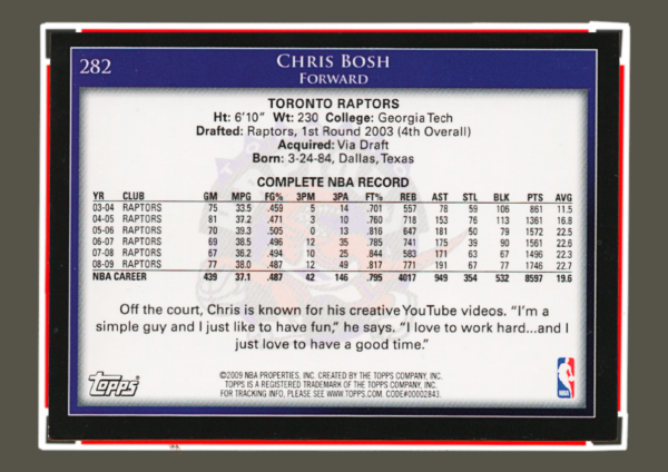 2009 Topps NBA - #282 Chris Bosh - Toronto Raptors Forward Collectible - Image 2