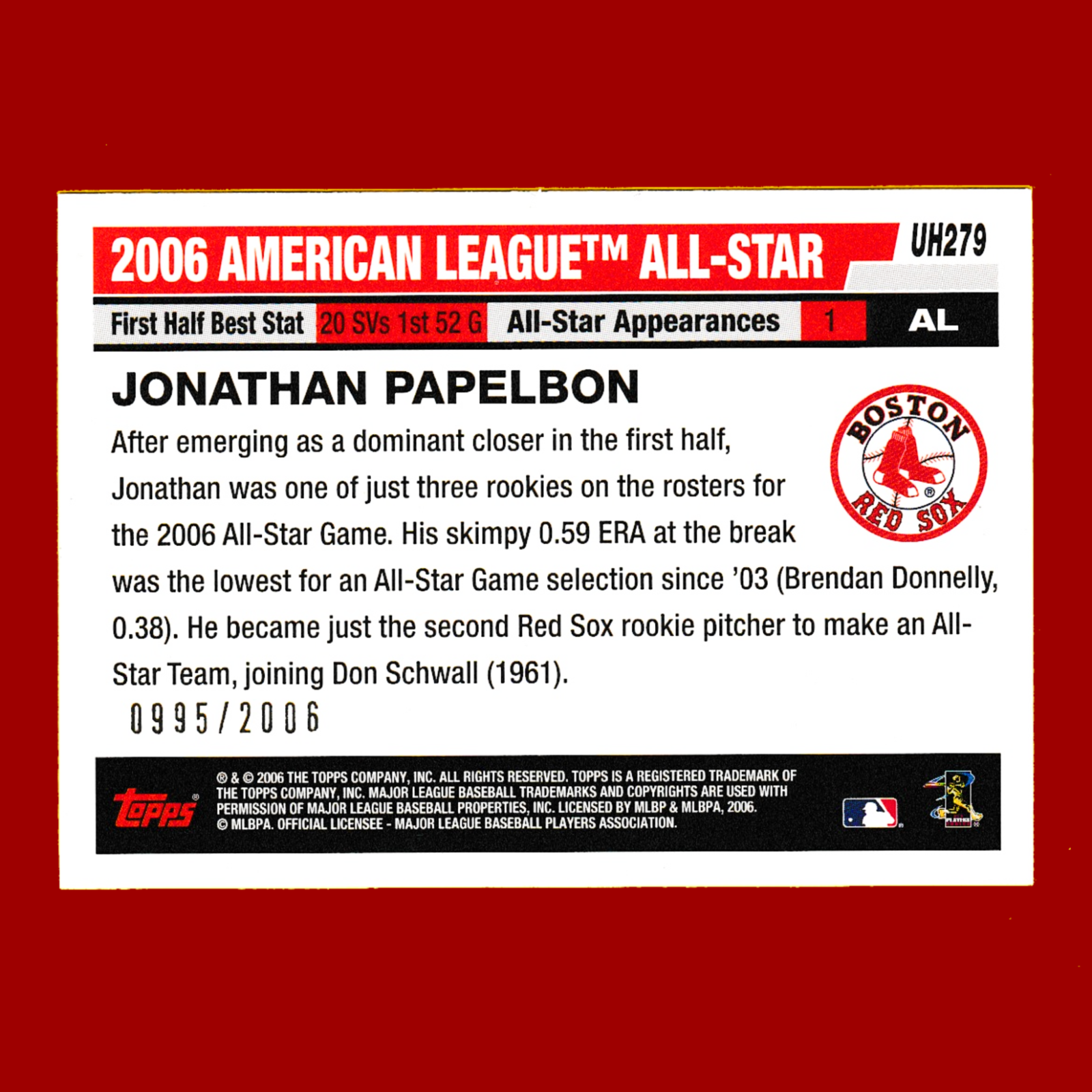 2006 Topps Update #UH279 Jonathan Papelbon - Gold Parallel (#995/2006) - Boston - Image 2