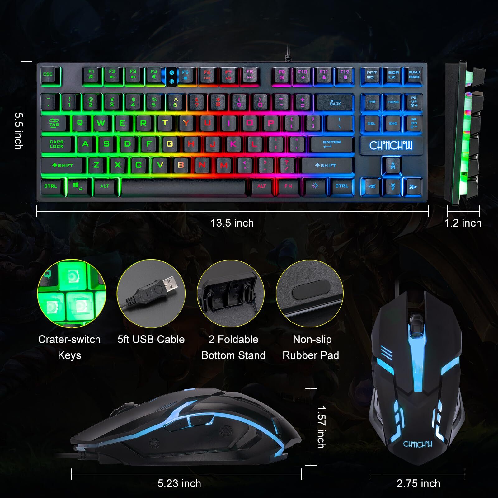 CHONCHOW 87 Keys TKL Gaming Keyboard and Mouse Combo Wired LED Rainbow Backli... - Image 4