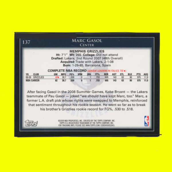 2009-10 Topps - #137 Marc Gasol - Grizzlies - Image 2