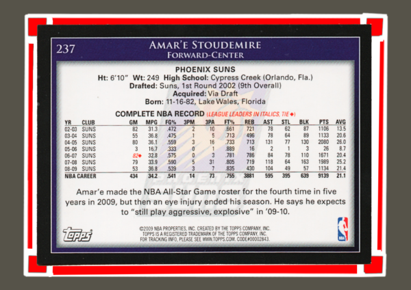 2009 Topps #237 Amar'e Stoudemire – Phoenix Suns Forward/Center Collectible - Image 2
