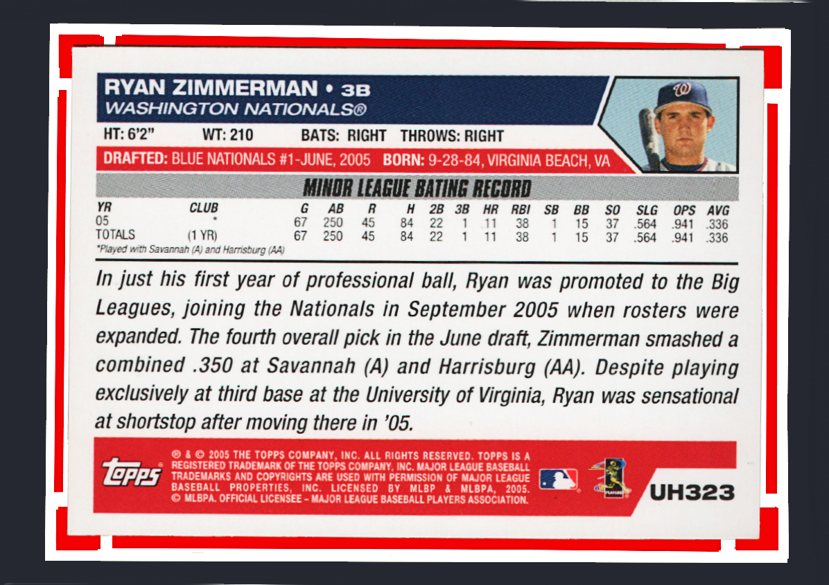 2005 Topps Updates #UH323 - Ryan Zimmerman Draft Pick - 2nd variant Rookie Card - Image 2