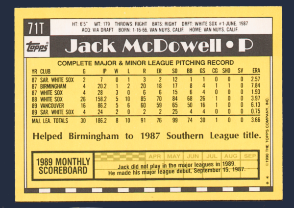 Vintage 1990 Topps Traded #71T - Jack McDowell - Chicago White Sox, Pitcher - Image 2