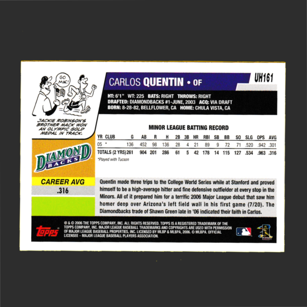 2006 Topps UH161 Carlos Quentin - Rookie Card (RC) - Arizona Diamondbacks - Image 2