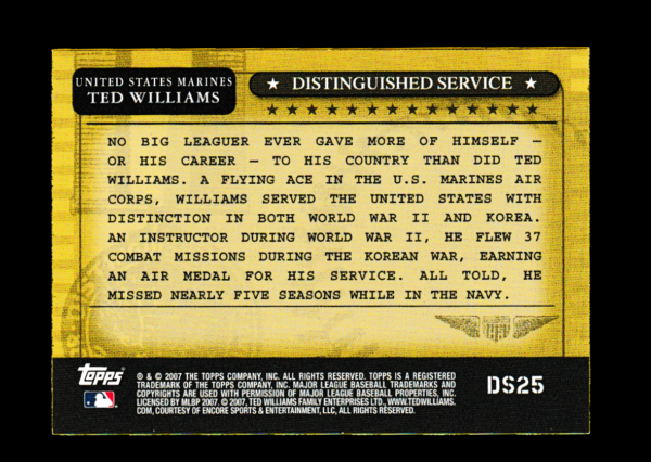 2007 Topps DS25 Ted Williams - Distinguished Service US Navy - Boston Red Sox - Image 2