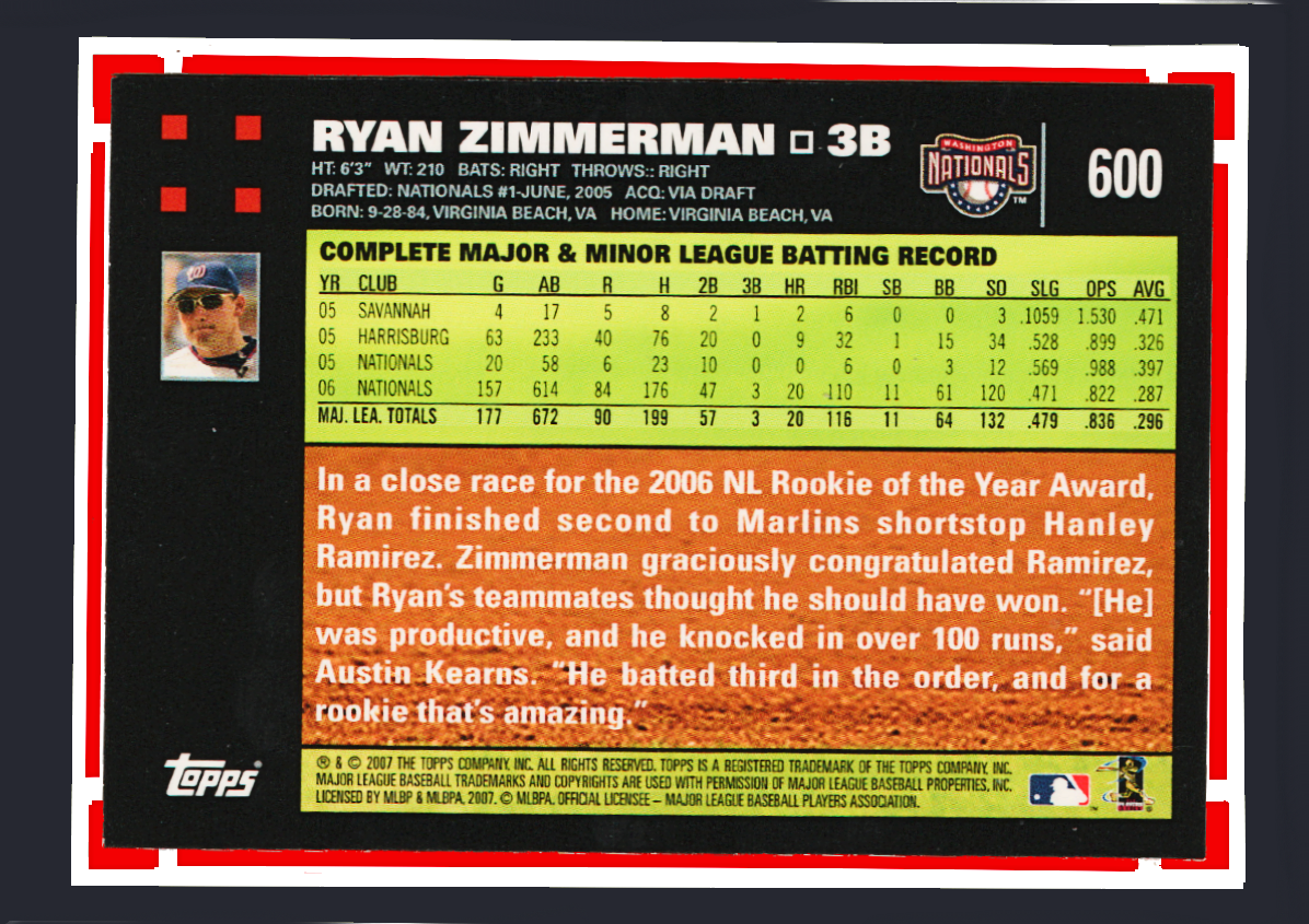 2007 Topps #600 - Ryan Zimmerman 2006 Runner-Up Rookie of the Year - Nationals - Image 2
