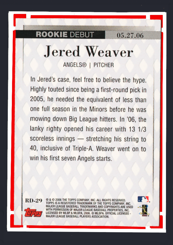 2006 Topps Updates #RD29 - Jered Weaver Rookie Debut 12-4 Record In 2006- Angels - Image 2