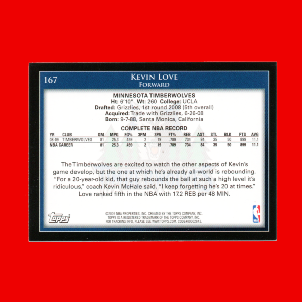 2009-10 Topps - #167 Kevin Love Rookie - Timberwolves - Image 2