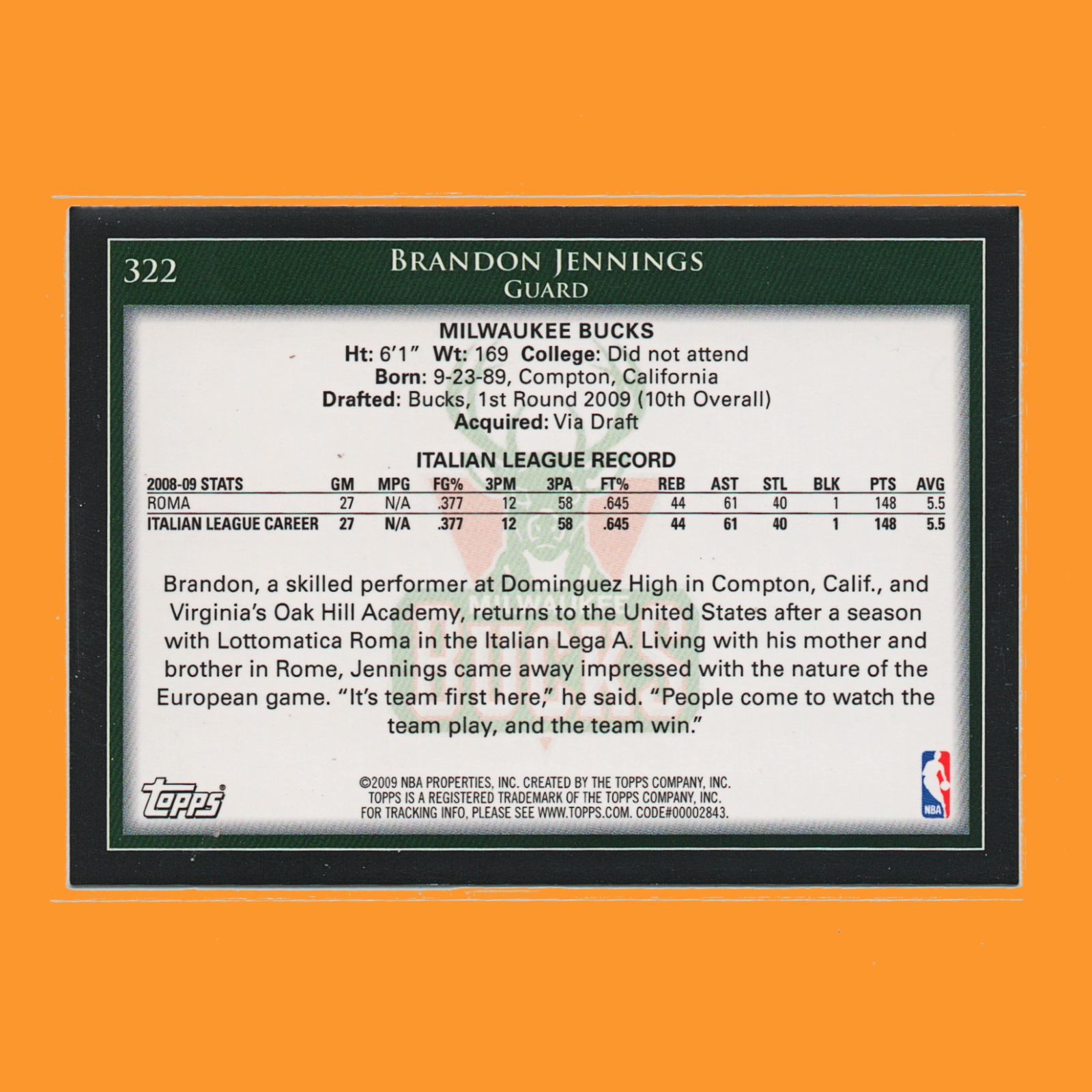 2009-10 Topps - #322 Brandon Jennings Rookie - Bucks - Image 2