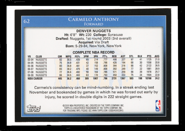 2009 Topps NBA - #62 Carmelo Anthony - Denver Nuggets Forward Collectible - Image 2