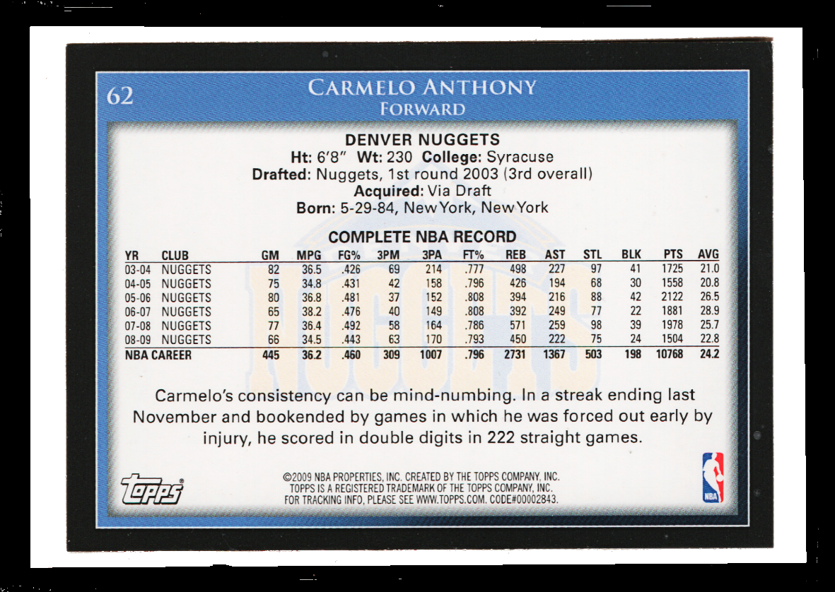 2009 Topps NBA - #62 Carmelo Anthony - Denver Nuggets Forward Collectible - Image 2