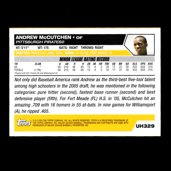 2005 Topps Update - Andrew McCutchen (#UH329) Rookie - Pittsburgh Pirates - Image 2