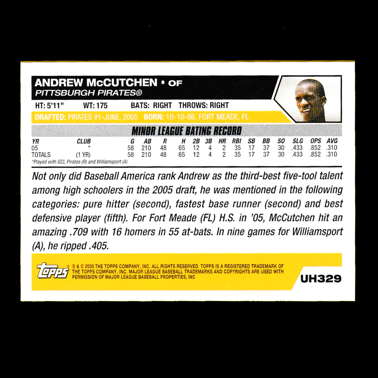2005 Topps Update - Andrew McCutchen (#UH329) Rookie - Pittsburgh Pirates - Image 2