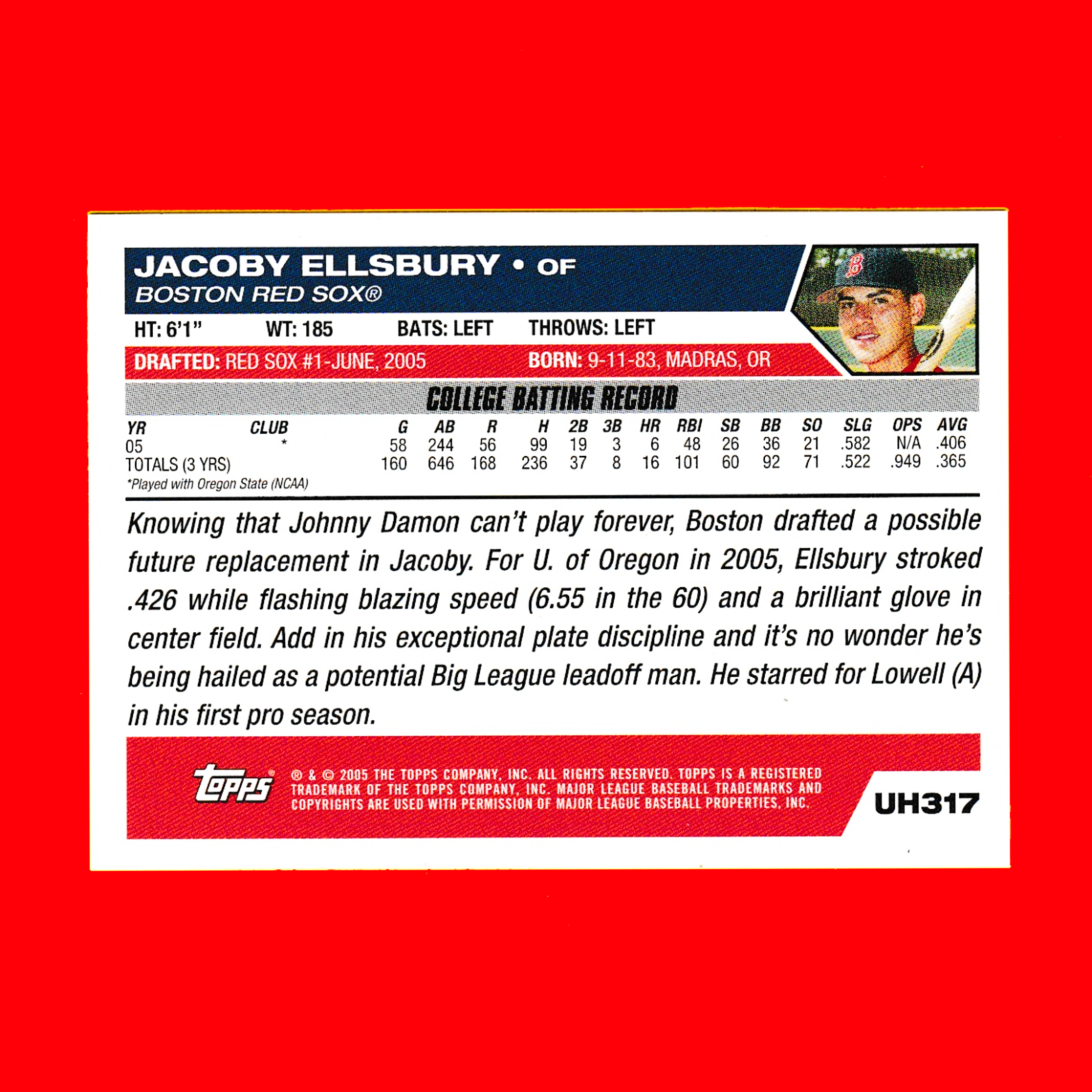 2005 Topps - Jacoby Ellsbury (#UH317) Rookie Draft Pick - Boston Red Sox - Image 2