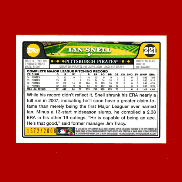 2006 Topps #221 Ian Snell - Gold Parallel (#572/2006) - Pittsburgh Pirates - Image 2