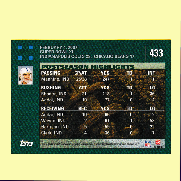 2007 Topps 433 Peyton Manning - Indianapolis Colts - Image 2