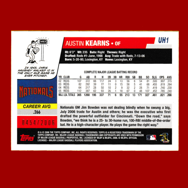 2006 Topps Update #UH1 Austin Kearns - Gold Parallel (#0454/2006) - Reds - Image 2