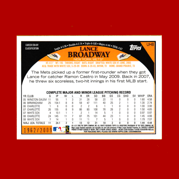 2009 Topps UH8 Lance Broadway - Gold Parallel (#1962/2009) - New York Mets - Image 2